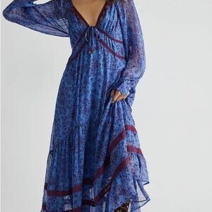 Free People Blue Floral Maxi Dress with Burgundy Trim